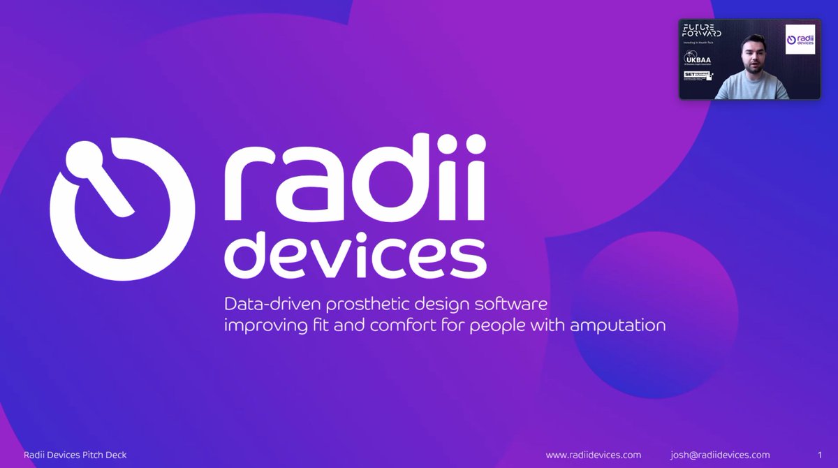 setsquared's tweet photo. Slick pitch from Scale-Up member @RadiiDevices for its data-driven software to enable better fit, comfort, and quality of life for any prosthetic or device which interfaces with the skin @UKBAngels #FutureForward event #ScaleUp23 https://t.co/gFv5PEjYlW