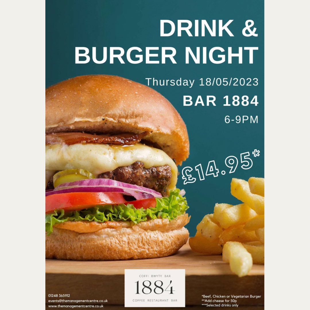 🍔DRINK &amp; BURGER NIGH🍔
Come and enjoy Burger and a Drink for £14.95*each.

🗓️ 18.05.2023
🕣 6-9pm
📍Bar 1884, Y Ganolfan Rheolaeth

No need to book in advance

*Beef, Chicken or Vegetarian Burger
**Add cheese for 50p
***Selected drinks only

📣All welcome📣