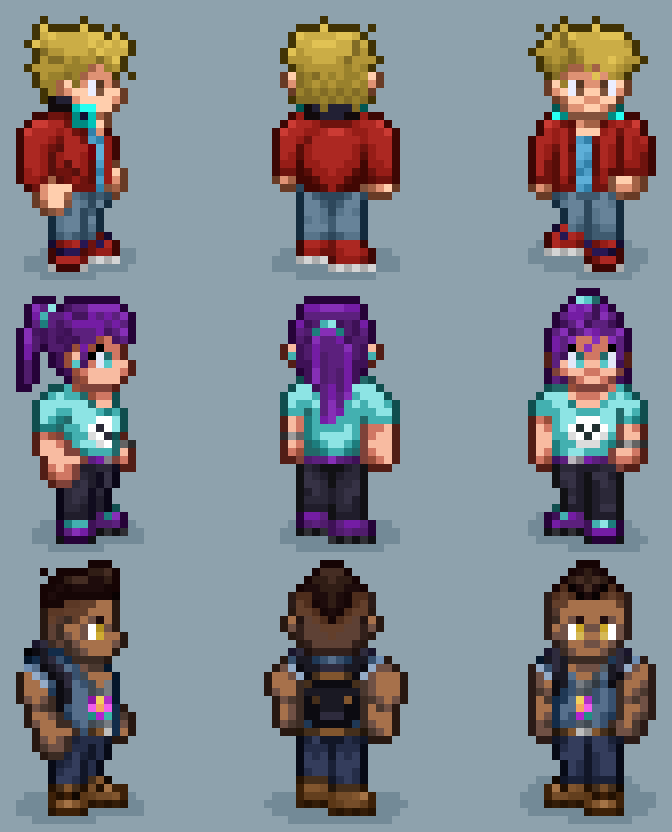 shadowholdgame's tweet photo. Meet the gang! We're excited to show the updated sprites for Marcus, Tissa and GR! Each with their own personalities, they make a dynamic trio to take on demons and save their home town! #indiedev #pixelsprites #pixelart https://t.co/PSU1BX8JGr