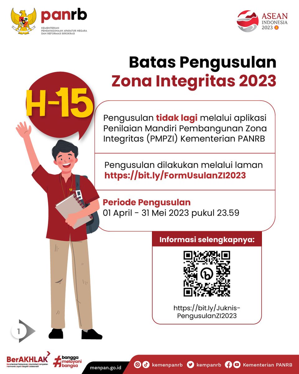kempanrb's tweet photo. Sisa waktu untuk pengusulan unit/satuan kerja pembangunan ZI Menuju WBK/WBBM 2023 tinggal 15 hari lagi nih!

Ingat! Pengusulan tahun ini dilakukan melalui laman https://t.co/hLZecJ3ruz. 

Simak syarat dan mekanisme pengusulan di https://t.co/6D7iMoPUNQ ya!
__
#ZonaIntegritas https://t.co/GAC4INozIO