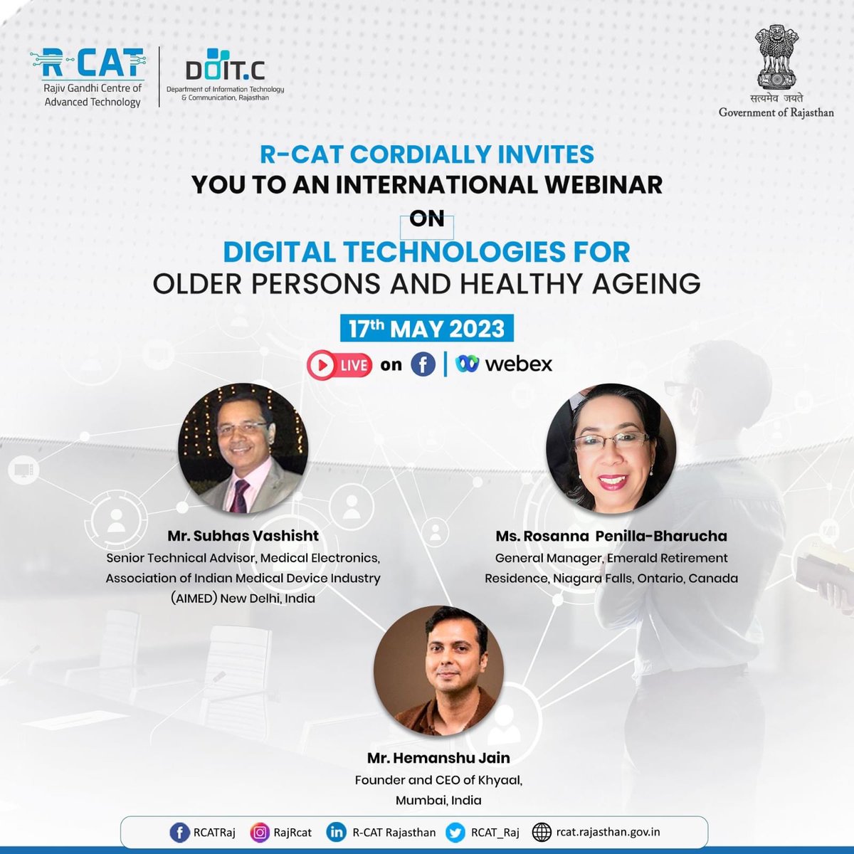 rajrcat's tweet photo. You are kindly invited to join us for an international webinar on May 17th, 2023, highlighting Digital Technologies for Older Persons And Healthy Ageing.๐
#RCAT #webinar #jointomorrow #digitaltechnology https://t.co/1PBMVmO2Yl