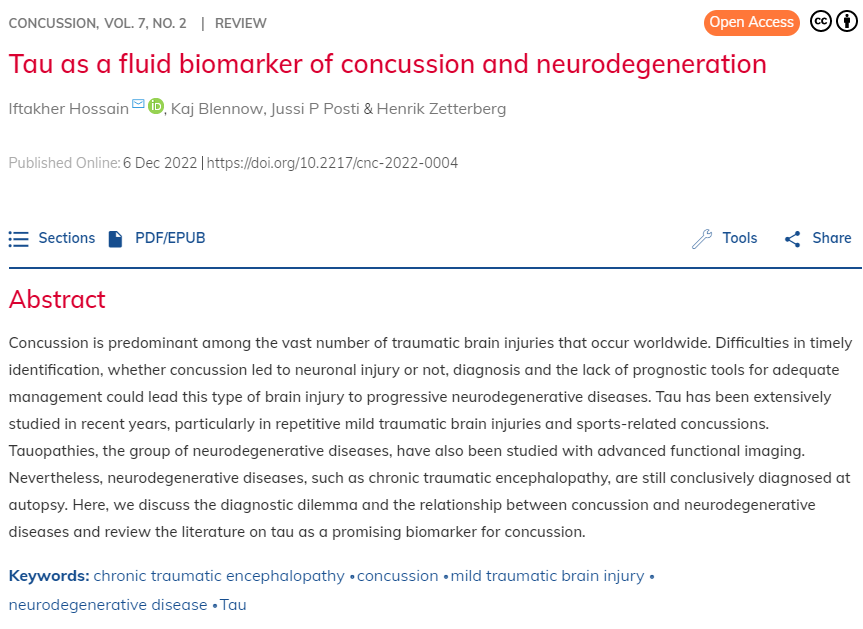 📖 Click here to read this #openaccess biomarker study, investigating the use of tau as a fluid biomarker of concussion and neurodegeneration >> doi.org/10.2217/cnc-20…