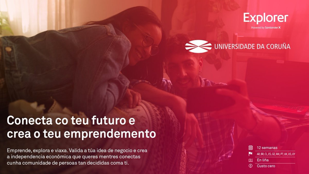 Entrega de premios do programa de apoio ao emprego para o estudantado Explorer “Mozos con solucións”.
A UDC participa con 26 proxectos de alumnado que ten unha idea de negocio. Organizan Banco Santander 
 e o Centro Internacional Santander Emprendimiento
bit.ly/41AJrxj