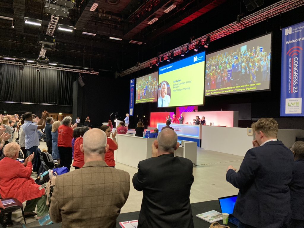 caspertown24's tweet photo. #RCN23 @patcullen9 addresses KPMG & #CarrReport the college was found to be “unappreciative of our diversity” but “we will lead on a anti-racist agenda” - nurses from overseas are “very welcome” “our size is our power” standing ovation https://t.co/Pk9VGcydeV