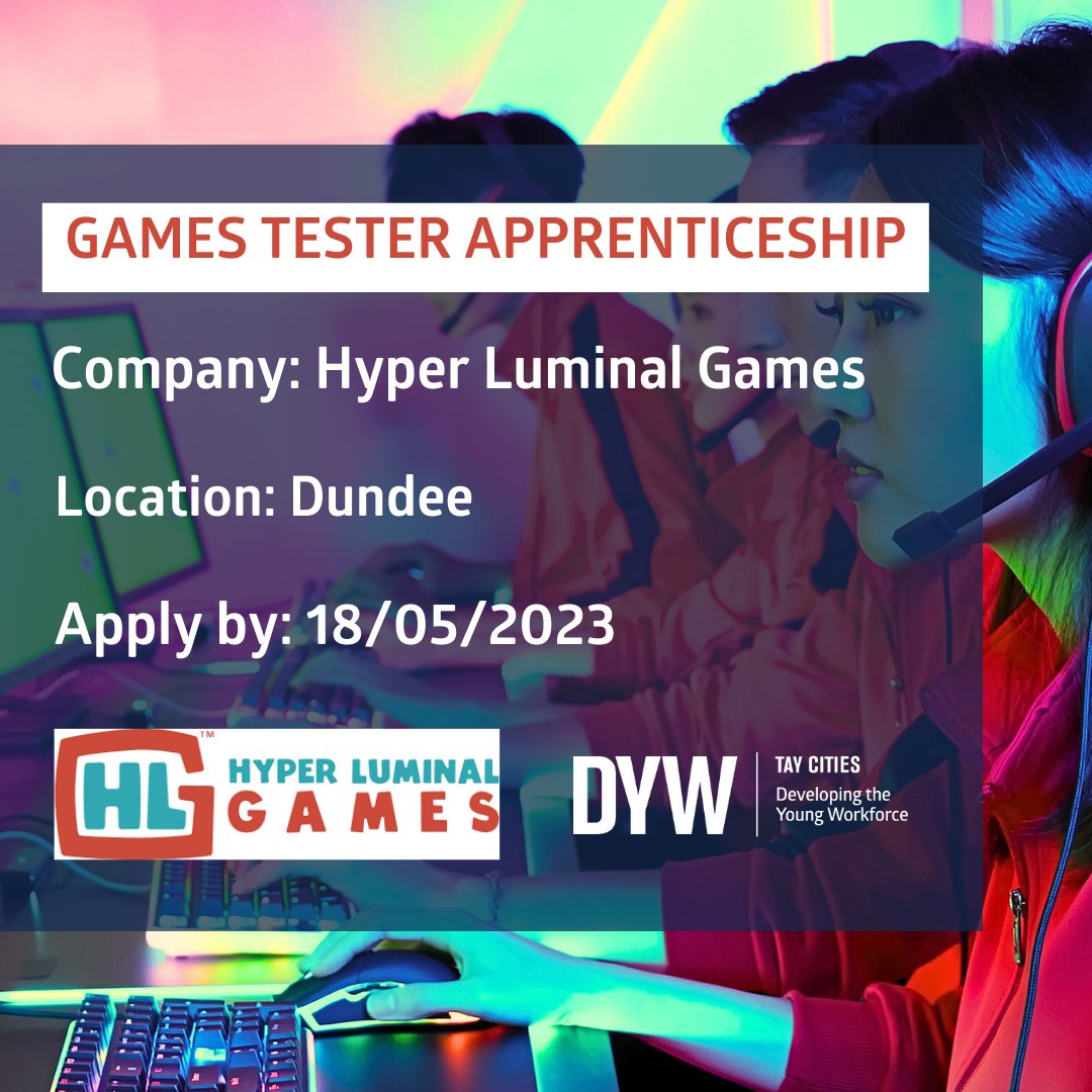 Interested in becoming a Gamer Tester? 

There is now an apprenticeship opportunity in Dundee with Hyper Luminal Games.  

Apply now as it closes in just two days time - zurl.co/chLs 

#DYWTayCities #DYWScot