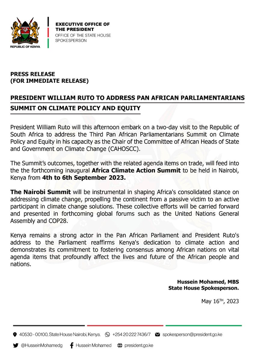 HusseinMohamedg's tweet image. President ⁦@WilliamsRuto⁩ to address Pan African Parliamentarians Summit on Climate Policy and Equity.