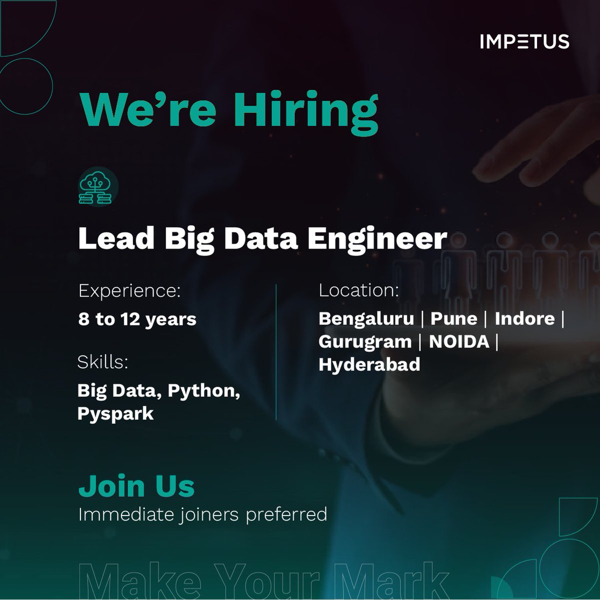ImpetusLife's tweet photo. Looking for opportunities in #leadbigdataengineering?
Hiring #leadbigdataengineer with 8-12 years of experience.
Immediate joiners are preferred.
Click to Apply: https://t.co/eRDdMIWJ9h
#hiring #jobs #Impetus #bigdata #immediatehiring #bigdataengineer #hadoop #python #pyspark https://t.co/Z07rNmgtJb