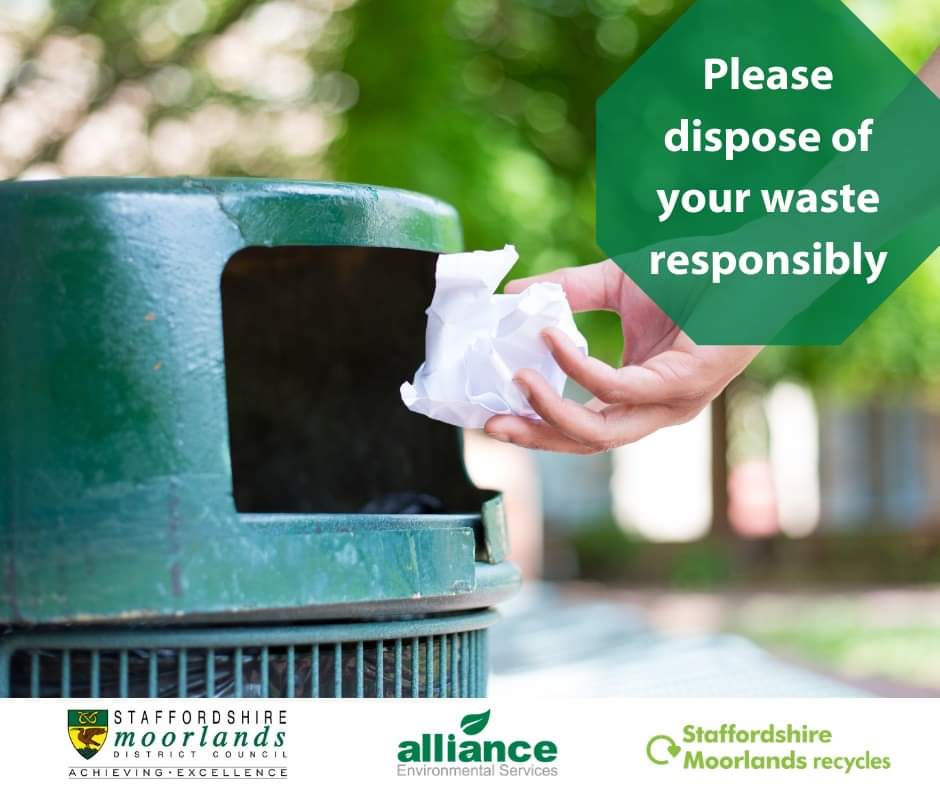 When you're out and about in the Moorlands don't be a rubbish visitor – put your litter in the bin! If the bin closest is full then find a different one, don't just chuck it on the floor.

You can report full or damaged litter bins to us at myforms.staffsmoorlands.gov.uk/STREETCLEANING… 🗑🚮