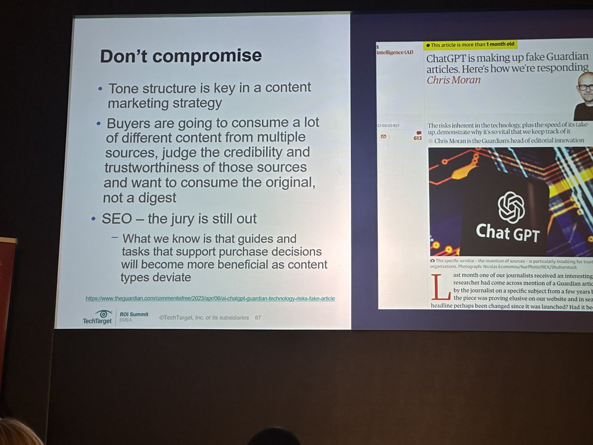 mjserres's tweet photo. The pitfalls of #AI are related to #authenticity so @byronyseifert recommends on “Don’t Compromise” #SEO
@TechTarget #TTGTSummit https://t.co/QuzqmpZljH