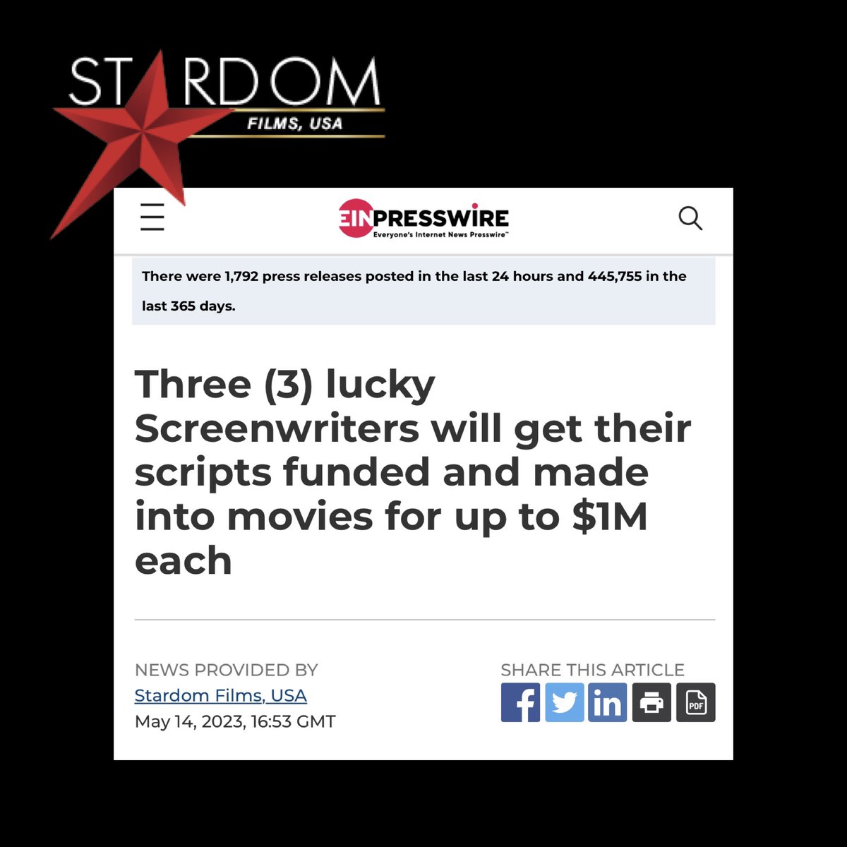 Stardom Films is making history! Our first three script competitions are open now and gathering script submissions! stardom-usa.com #stardomfilms #screenwriters einpresswire.com/article/633397…