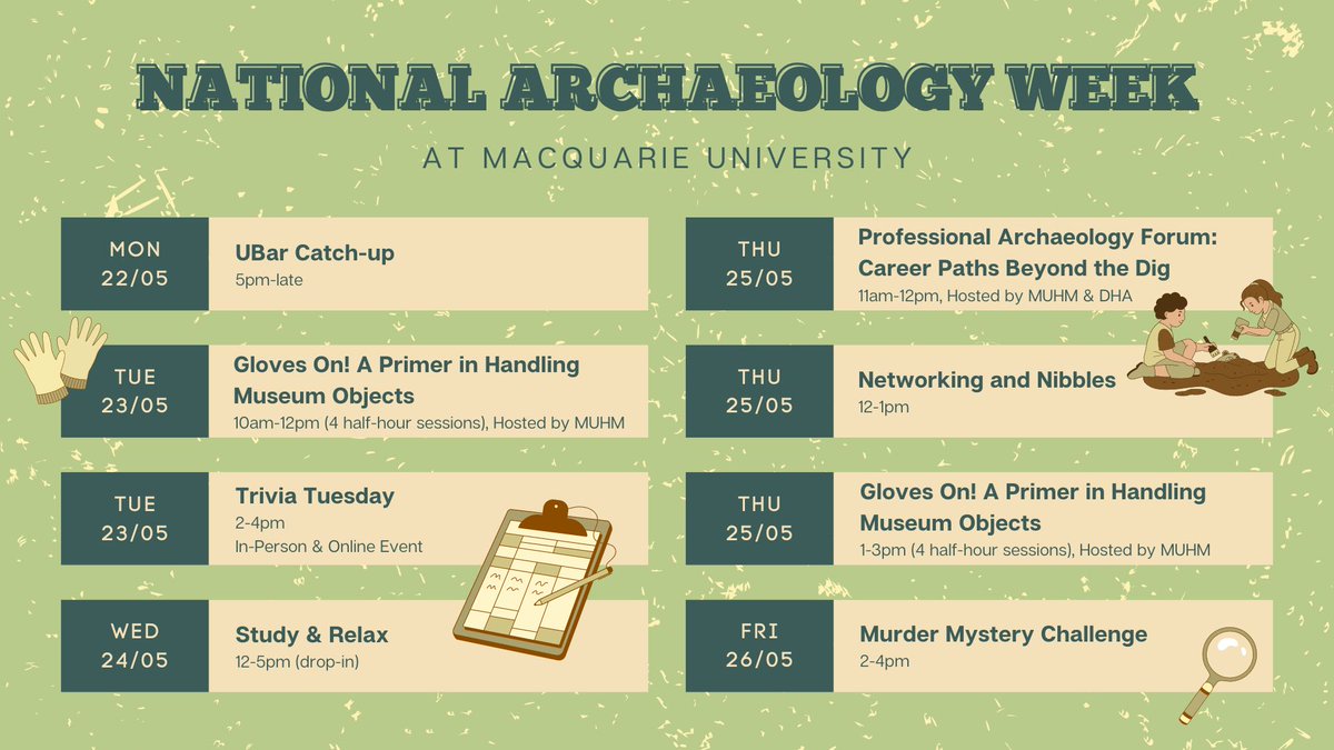 Archaeology_MQ's tweet photo. We are officially approaching ✨NATIONAL ARCHAEOLOGY WEEK ✨ *cue applause*

We are running events every weekday, and alongside events from @MacquarieMuseum and @mq_dha, this #NAW23 will be amazing! https://t.co/TZG4LfQEWf