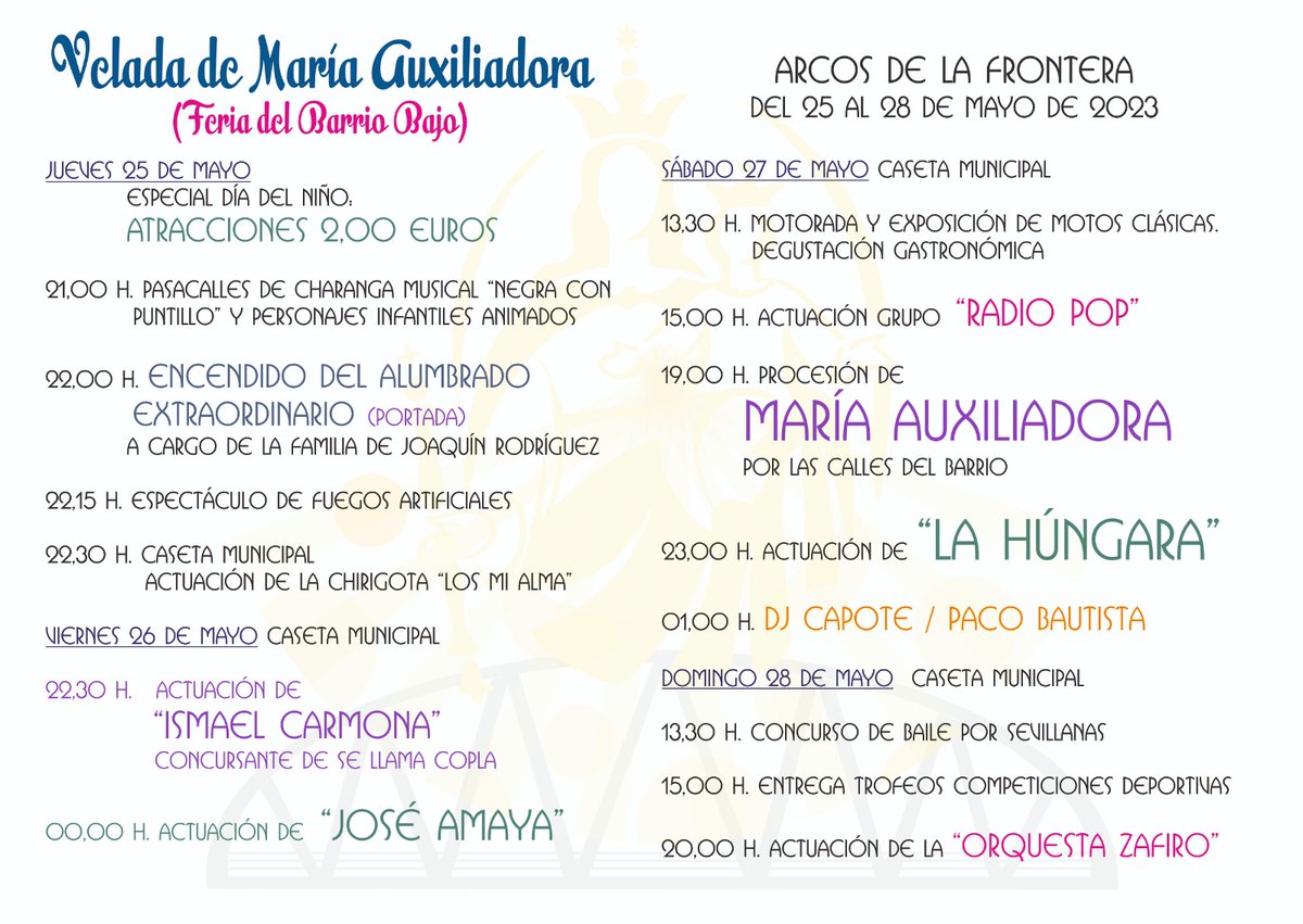 VELADA DE MARÍA AUXILIADORA 2023
🎡💃🏼🎡

Las Delegaciones de Fiestas y Barrio Bajo ya han dado a conocer su cartel y actividades. 

¡No te la pierdas!

📅 Del 25 al 28 de mayo.

#FeriadelBarrioBajo2023