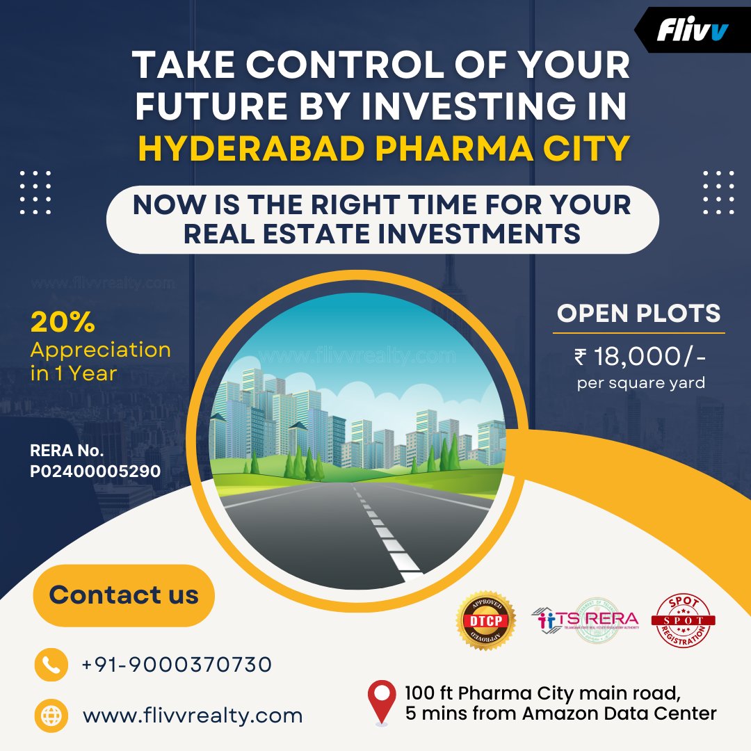 Now is the right time for your Real Estate Investments. Contact us, 📞 +91-9000370730 🌐 flivvrealty.com #flivvrealty #realestate #OpenPlotsForSale #openplotsinhyderabad #RealEstateHyderabad #Pharmacity #investing #investmentopportunity #HappeningHyderabad