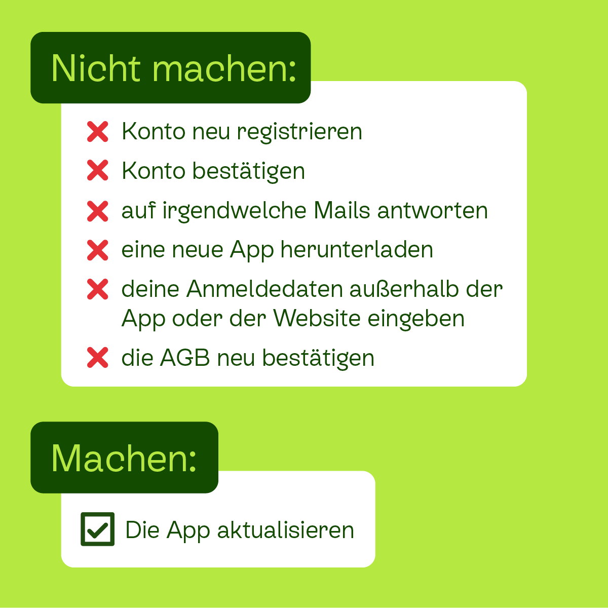 Macht nichts! 

Seit dem 16. Mai heißen wir Kleinanzeigen – und nicht mehr eBay Kleinanzeigen. Betrüger werden versuchen, unseren neuen Markenauftritt auszunutzen, um an eure Daten zu kommen. Wie ihr das verhindert? 

Einfach mal nichts machen.