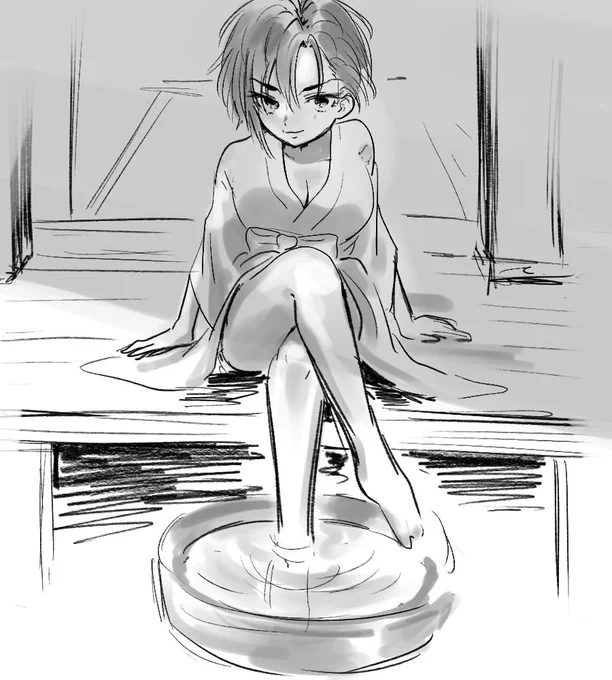 顔が良すぎて描けない  > 靴を脱いでタライに足を付けて涼んでいる木場真奈美さんを見てみたいです♪ #odaibako_toya_0321 