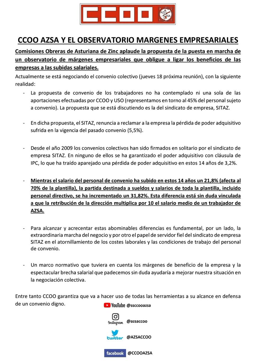AZSACCOO's tweet photo. Estamos con @Yolanda_Diaz_ . Hace falta un observatorio de márgenes empresariales. En #AZSA @Glencore más que en ningún sitio. Mientras el sueldo de un directivo es 10 veces el de un trabajador de producción, el personal de convenio pierde poder adquisitivo. https://t.co/hWjHo2AcD2