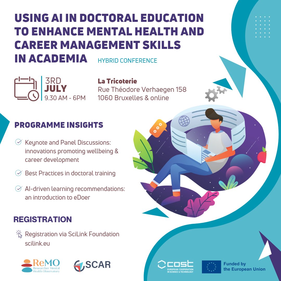ScilinkF's tweet photo. 📢📢📢We're so excited to share the good news with you: Using AI in Doctoral Education Conference will be held in Brussels and online on 3rd of July. 

💾📅Save the date: using #AI in #doctoraleducation hybrid conference is almost here!

✨An event of #OSCAR and #ReMO Project https://t.co/7H2jKejEyt