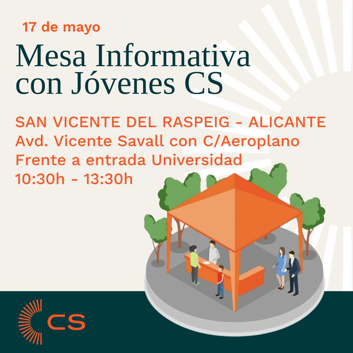 🟠Mañana tenemos una Mesa Informativa con JCS en Alicante!!!

Si quieres conocer nuestras propuestas, te esperamos

📆Mañana miércoles 17 de mayo
⏰de 10.30 a 13.30h
📍frente a la entrada de la Universidad, en la Avd. Vicente Savall con c/ Aeroplano.

#JóvenesSomosPresente