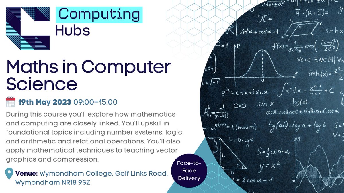 🔢 Maths in Computer Science 📆 19th May 📍 Face-to-Face @WymondhamCol During this course you’ll explore how mathematics and computing are closely linked. Upskill in foundational topics including number systems, logic, and arithmetic. 💻 Book: bit.ly/42IdKUg