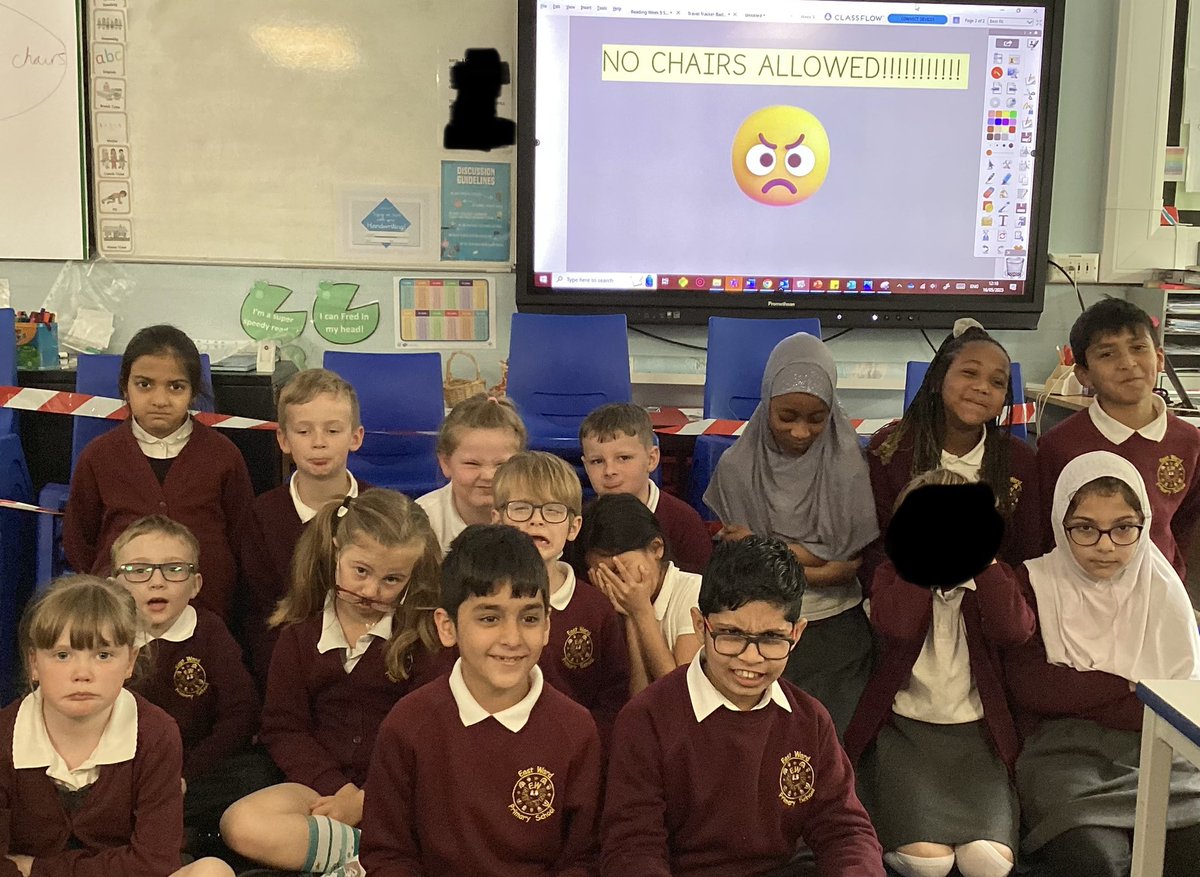 Eastwardprimary's tweet photo. NO CHAIRS ALLOWED! ๐ซ Year 3 have started their persuasive writing in English this week and have kicked it off by persuading Miss Smith and Miss Eckersley to give them their chairs back! #persuasivewriting #visionMAT @Vision_M_A_T https://t.co/31kE2qVp1h