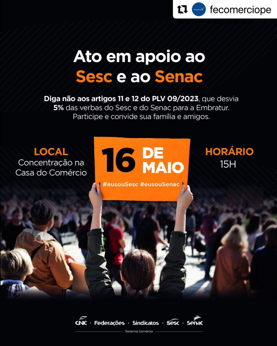 sescpe's tweet photo. Apoie o Sesc e o @senacbrasil
🗓 Quando: 16 de maio (Hoje);
⏰Horário: 15h
📍Concentração: Casa do Comércio https://t.co/nKnT9x1arL