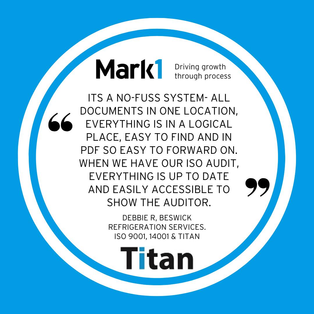 Mark1Systems's tweet photo. Everything, where you need it, in a format that makes it easy for you to demonstrate compliance.

Titan - the paperless business management solution from Mark1 Systems.
https://t.co/be3YH5Gm6f

#Mark1Systems #Titan #ISOStandards #ISOCertification https://t.co/BvO7xRc6Bm