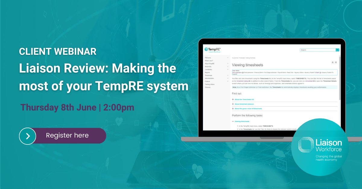 Liaison_Group's tweet photo. 📢New #NHS client webinar! We’re inviting our TempRE clients to join our Liaison Review webinar to help you optimise your use of #TempRE.

Register today to:
➡️ Learn best practice
➡️ Hear about the latest features
➡️ Understand the support available

https://t.co/A40DnMyccp https://t.co/ZZzGTt7ZDd
