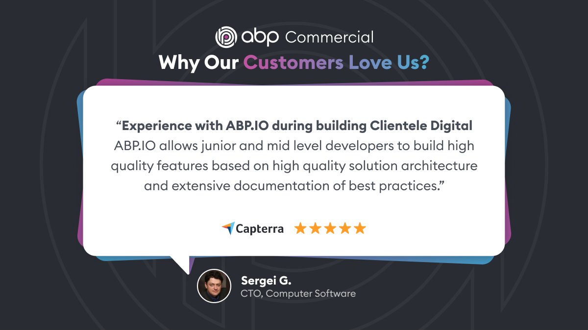 abpcommercial's tweet photo. 🌟 Wow! ABP Commercial received an incredible user review on #Capterra! 👏Thanks, Sergei, for love❤️ #abpcommercial #CapterraReview #CustomerTestomonial #dotnet https://t.co/26q9PhL5IE