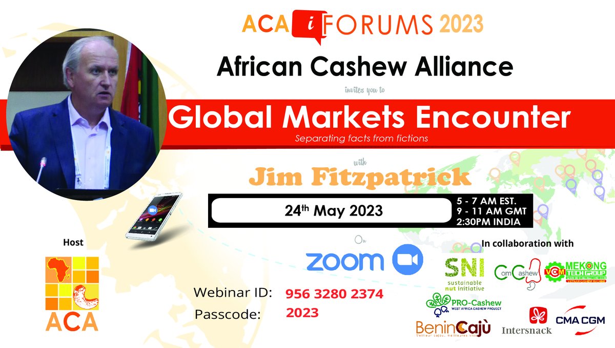 AfricanCashew's tweet photo. GLOBAL MARKET ENCOUNTER
The next GME is next week Wednesday #24May at #9AMGMT @AfricanCashew!
This session will focus on #NewPolicyDevelopments in the cashew industry.
Join us via Zoom, YouTube or Facebook!
#JimFitzPatrick #ACA #GME @BeninCaju @ComCashew @CommodAfrica https://t.co/klxK7F5O3J