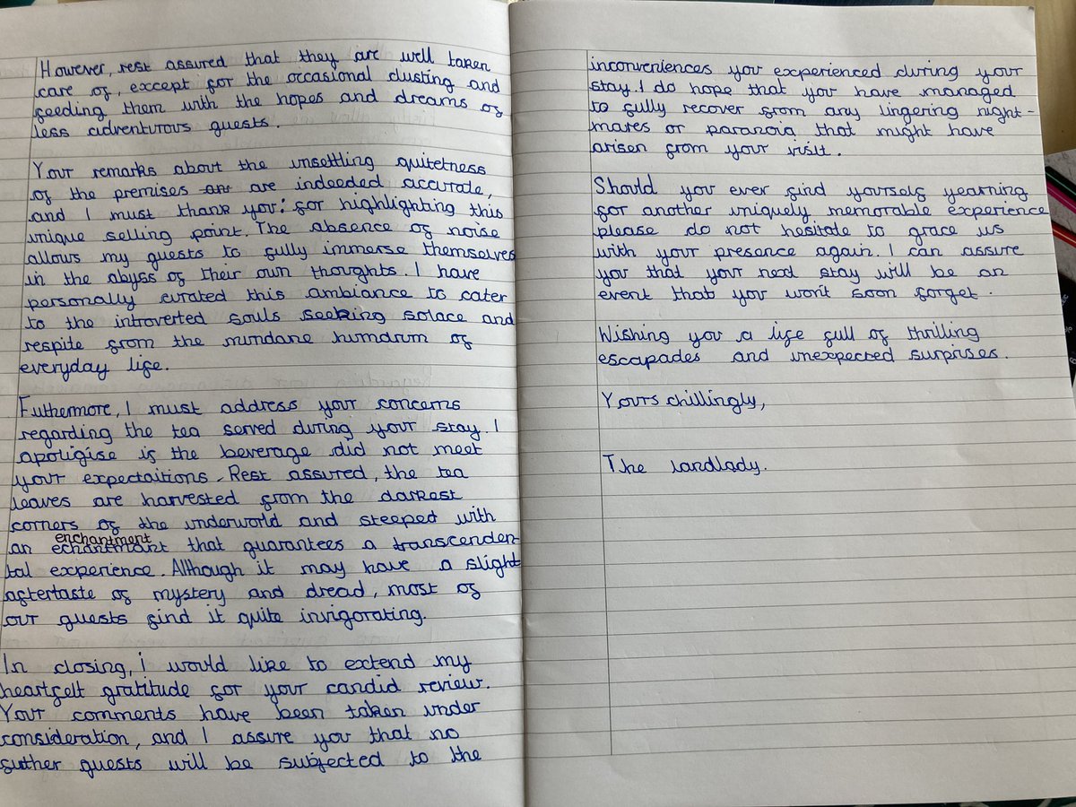 Willow (@willow_foxfield) on Twitter photo In English we have immersed ourselves into the thriller text, ‘The Landlady’ by Roald Dahl. Here is an example of a letter written by the landlady to the main character, Billy Weaver, of her disappointment to his recent TripAdviser post. <a href="/foxfield/">FoxfieldPrimary</a> <a href="/IPAT_Edu/">The Inspire Partnership</a> <a href="/FoxfieldEnglish/">Foxfield English</a> In English we have immersed ourselves into the thriller text, ‘The Landlady’ by Roald Dahl. Here is an example of a letter written by the landlady to the main character, Billy Weaver, of her disappointment to his recent TripAdviser post. <a href="/foxfield/">FoxfieldPrimary</a> <a href="/IPAT_Edu/">The Inspire Partnership</a> <a href="/FoxfieldEnglish/">Foxfield English</a>