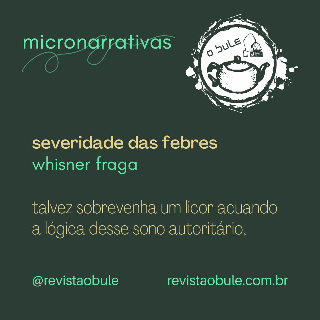 revistaobule's tweet photo. A micronarrativa de Whisner Fraga traz a potência da observação sobre como lidamos com a verdade. 

Leia 'severidade das febres' na Revista O Bule. Vai ser rápido, mas a reflexão não será breve.

https://t.co/2sPDo4zNBu

#whinerfraga #micronarrativas #revistaobule #obule https://t.co/JZjYtDD7np