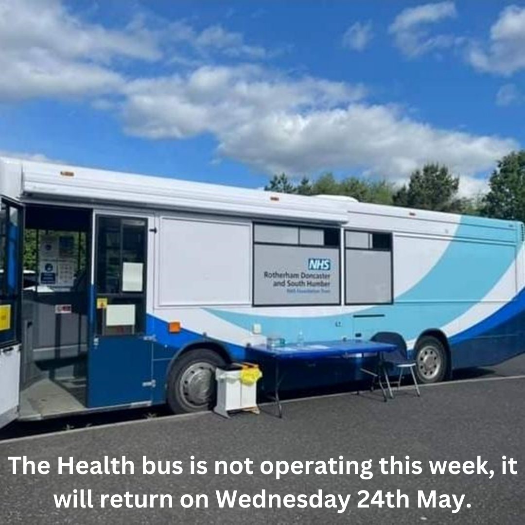 Due to technical issues unfortunately the Health bus is not operating this week, it will return on Wednesday 24th May

#healthbus #primarycaredoncaster #outhdoncasterpcn #primarycarenetwork