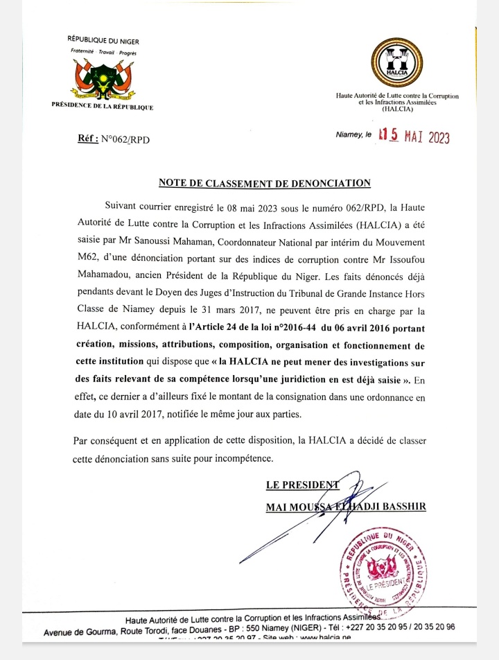 aboubacarybarma's tweet photo. #Niger #UraniumGate #HALCIA #Mouvement_M62
Dans une note d'information en date du 15 mai 2023, la Haute Autorité de Lutte contre la Corruption et les Infractions Assimilées (#HALCIA) a annoncé avoir classé pour "#incompétence", la #dénonciation faite par le Mouvement #M62. https://t.co/NK9aqOpx2J