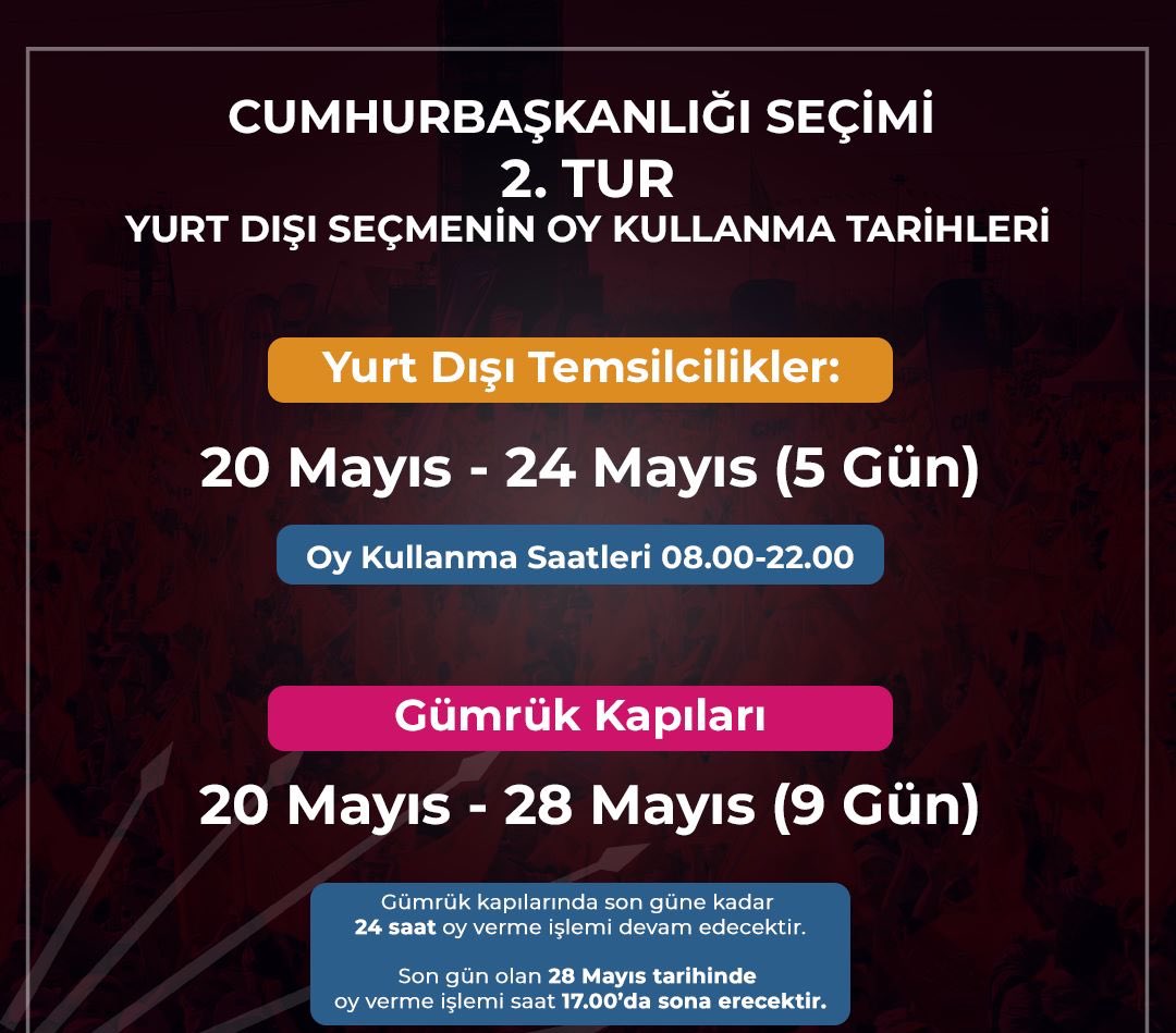 baskahaber's tweet photo. Cumhurbaşkanlığı Seçimi 2. Turu için yurt dışı seçmenin temsilciliklerde ve gümrük kapılarında oy kullanma tarihleri belli oldu https://t.co/CpWBGxUkXw