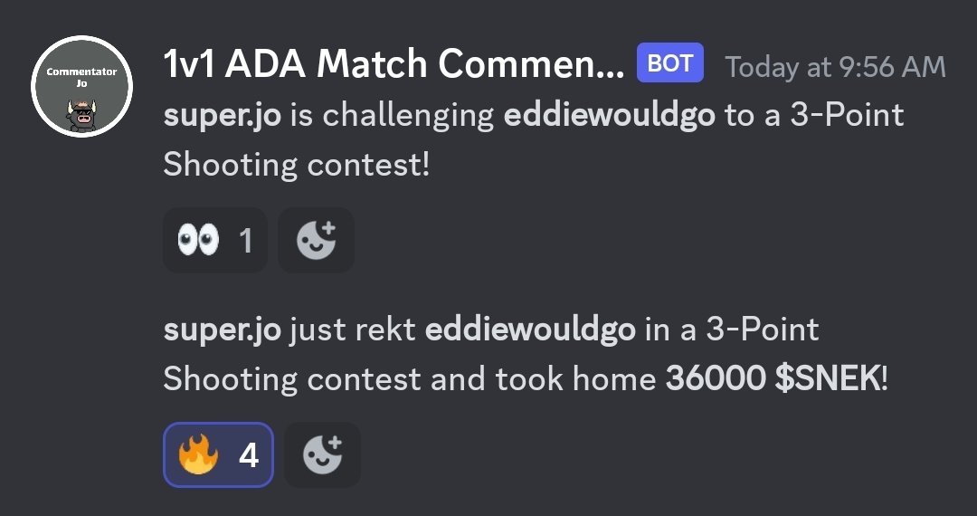 Hop on to our discord!!

We're having fun doing 1v1 battles on SuperBull.App

Winning (and losing 😂) $ADA $SNEK 🙌🙌🙌