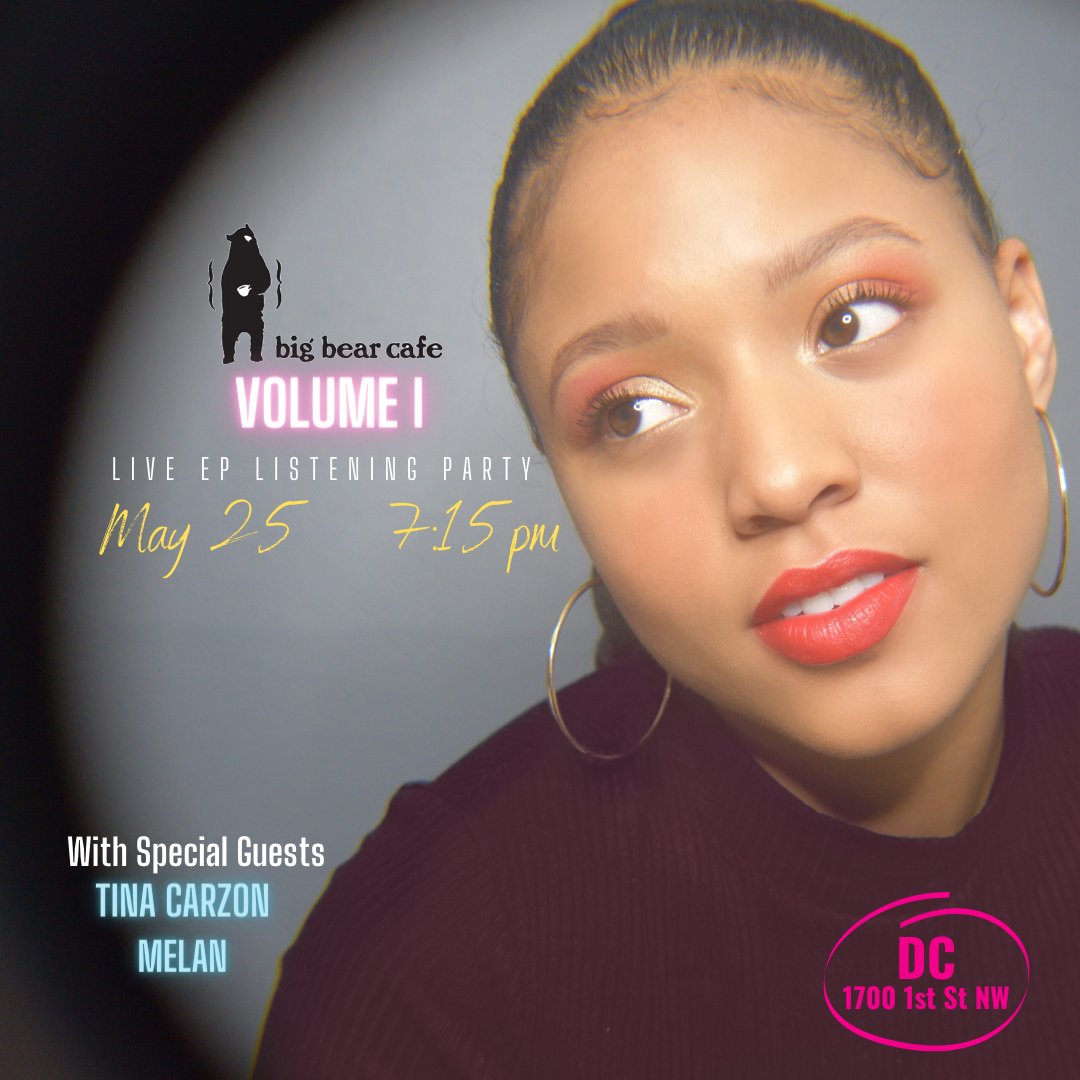 I am performing next week at the Big Bear Cafe in Dc. I'd love for you to come out and support 🥰

<a href="/tinacarzon/">baby bading ding</a> &amp; <a href="/melansoulflower/">melan 🌸💫</a> will be performing alongside me!!! #DMVevents

Grab tickets: eventbrite.com/e/volume-i-ep-…