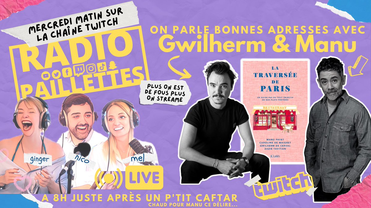 Twitcheuses, Twitcheurs à Paillettes ! Demain matin on va se donner faim avec @ManuPayetOff et Gwilherm De Cerval !
On t’invite à la traversée de Paris dès 8h, tu viens ? ➡️ twitch.tv/radiopaillettes