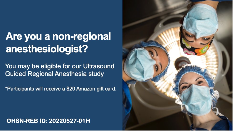 Yuqi Gu (@gu_yuqi) on Twitter photo We are seeking staff anesthesiologists for a study of Ultrasound Guided Regional Anesthesia Study (UGRA) to determine the facilitators and barriers to performing #UGRA blocks by non-regional anesthesiologists. E-mail: mededresearch@toh.ca to learn more.
<a href="/OttAnesthesia/">OttawaAnesthesiology</a>, <a href="/CASUpdate/">Canadian Anesthesiologists' Society</a> We are seeking staff anesthesiologists for a study of Ultrasound Guided Regional Anesthesia Study (UGRA) to determine the facilitators and barriers to performing #UGRA blocks by non-regional anesthesiologists. E-mail: mededresearch@toh.ca to learn more.
<a href="/OttAnesthesia/">OttawaAnesthesiology</a>, <a href="/CASUpdate/">Canadian Anesthesiologists' Society</a>