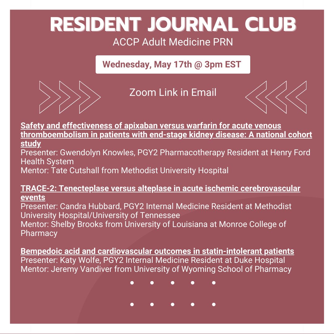 ACCP Adult Med PRN (@accpamedprn) on Twitter photo 📣 Join us tomorrow for our monthly journal club by some awesome PGY-2 Pharmacotherapy and Internal Medicine Residents! Zoom link can be found in your email #AMEDPRN <a href="/HFHPharmRes/">Henry Ford Hospital Pharmacy Residency</a> <a href="/RxCutshall/">Tate Cutshall</a> <a href="/candradhubbard/">Candra Hubbard</a> <a href="/MUHPharmRes/">Methodist University Hospital Pharmacy Residencies</a> <a href="/dukerxresidency/">Duke Hospital - Rx Residencies</a> 📣 Join us tomorrow for our monthly journal club by some awesome PGY-2 Pharmacotherapy and Internal Medicine Residents! Zoom link can be found in your email #AMEDPRN <a href="/HFHPharmRes/">Henry Ford Hospital Pharmacy Residency</a> <a href="/RxCutshall/">Tate Cutshall</a> <a href="/candradhubbard/">Candra Hubbard</a> <a href="/MUHPharmRes/">Methodist University Hospital Pharmacy Residencies</a> <a href="/dukerxresidency/">Duke Hospital - Rx Residencies</a>