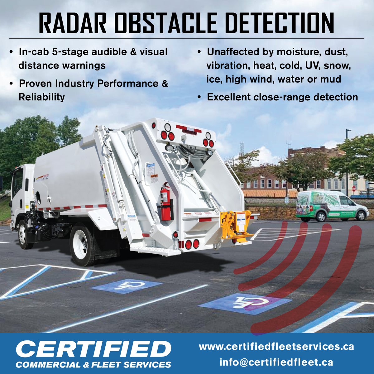 Certified_Fleet's tweet photo. Heavy duty equipment used in refuse and recycling pose a near constant danger if they are not managed safely. Brigades Backsense® heavy-duty radar proximity sensor system quickly and easily detect people and objects in any blind spot, significantly reducing accidents.#backupradar https://t.co/pE2UjoEH60