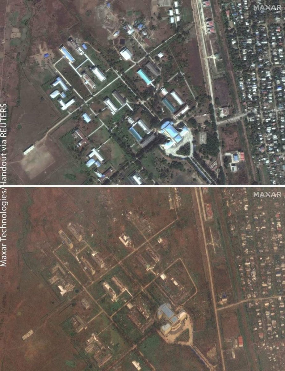 Sittwe City before and after #CycloneMocha (reported by VOA).  Many people including hundreds of Rohingya in Sittwe and Rakhine state were feared dead.
#HelpMyanmar #2023May16Coup #WhatsHappeningInMyanmar