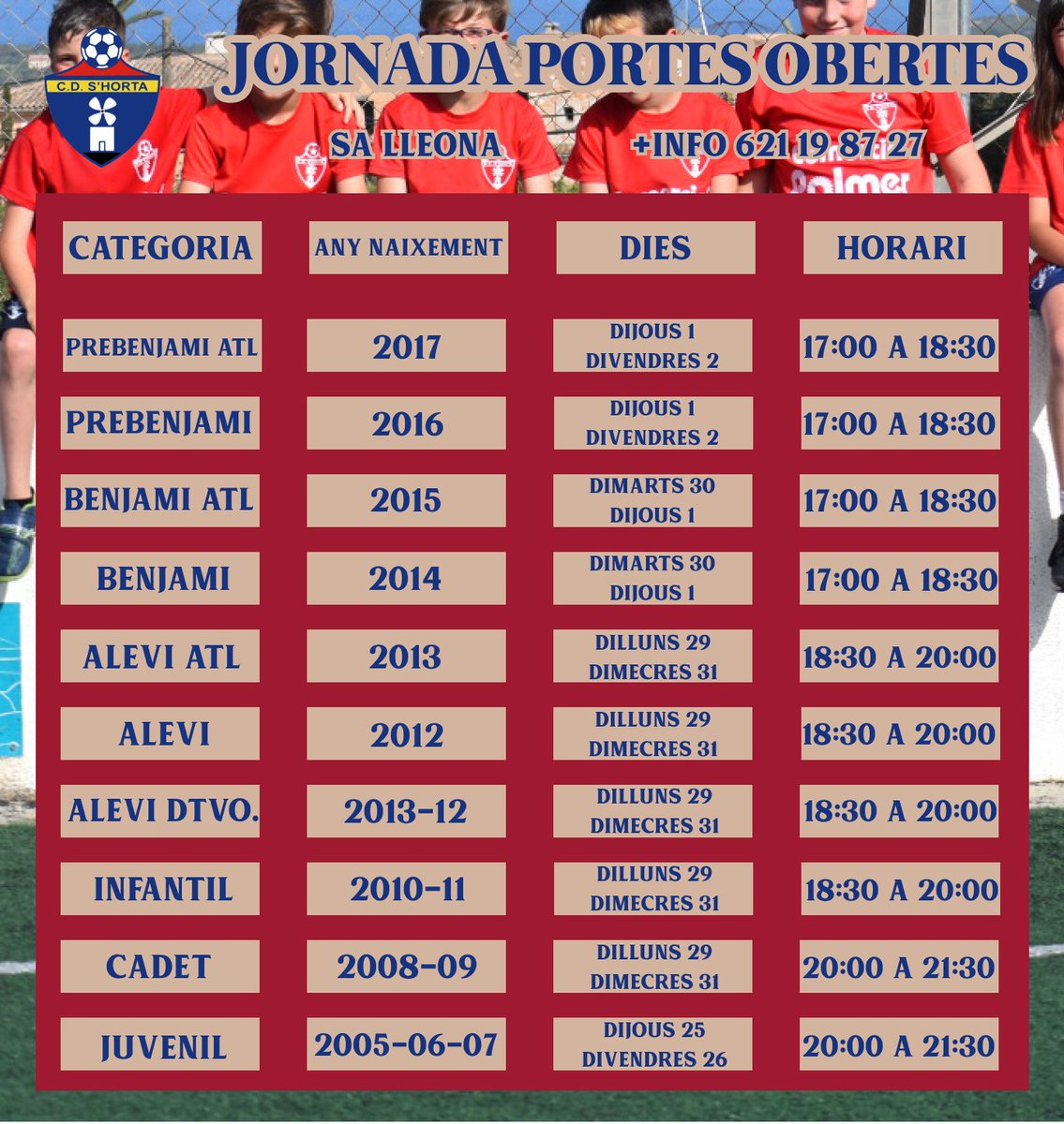 📢 𝐉𝐎𝐑𝐍𝐀𝐃𝐀 𝐃𝐄 𝐏𝐎𝐑𝐓𝐄𝐒 𝐎𝐁𝐄𝐑𝐓𝐄𝐒

⚽️ Si has nescut entre el 2005 i el 2017 i vols jugar a futbol, estàs convidat a venir a vistar-nos

🗓️ Cada edat te un horari marcat per poder venir a fer la visita

*️⃣ No és necessaria inscripció per poder acudir a Sa Lleona