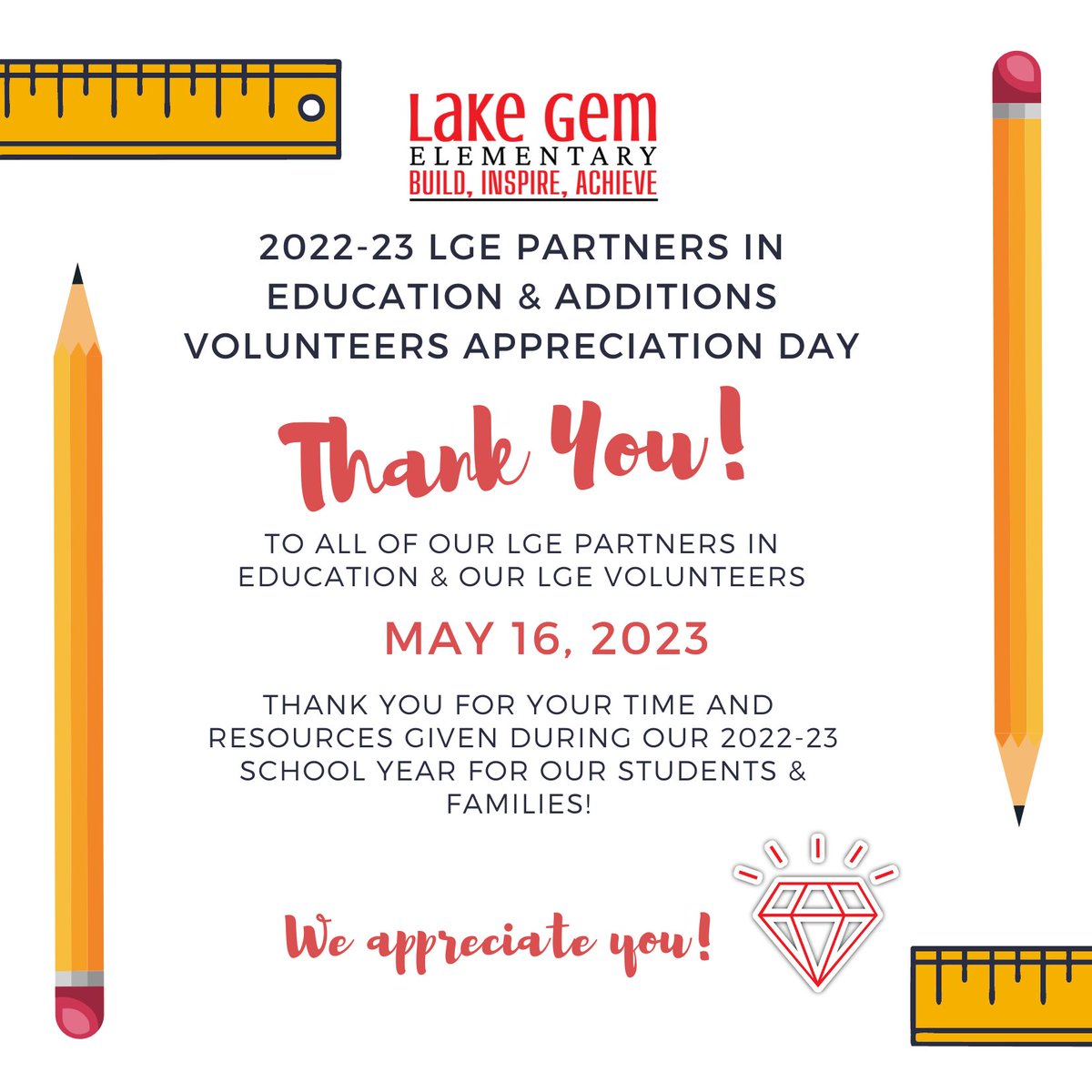 Today we celebrate our Community Partners in Education and our School Volunteers. Thank you for your dedication to our Students, our Families, and our Staff!

#LakeGemProud
#BuildInspireAchieve
#LGEPIE
#LGEADDitionsVolunteers
@ocpsnews @LgeParent @OCPS_PFE 
@Fdn4OCPS