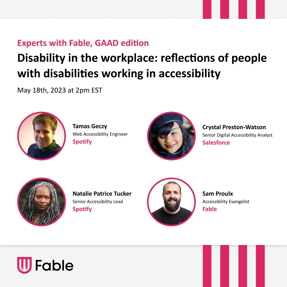 What's it like to work in #a11y as a person with a disability? Join us Thurs at 2PM EST for a #GAAD edition of Experts with Fable! Register: bit.ly/3pAdlED Hosted on Zoom, with autocaptions. Registrants will receive a recording with remediated captions and transcript.