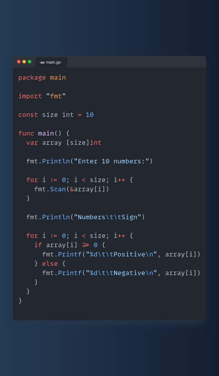 sambitsgk's tweet photo. Learning Go: Solving programming questions
✅Store 10 numbers in an array and then display the number in one column and whether it is positive or negative in another column.
#golang #goLangCode #goProgrammingLearning #100DaysOfCode #100daysofcodechallenge #365DaysofCode https://t.co/inc9pX0NXG