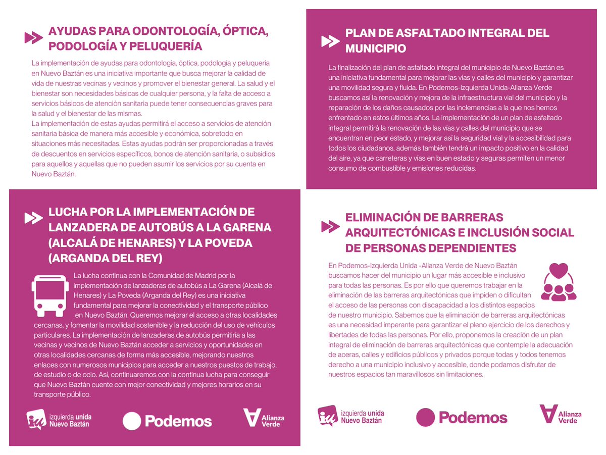 nuriasaguar's tweet photo. Me hace muy feliz presentaros nuestro programa electoral.
Un programa realizado atendiendo a las propuestas e ideas que nos han ido expresando vecinas y vecinos de nuestro municipio, enfocado en lo social y en las necesidades de Nuevo Baztán para continuar su mejora 🏘️

28M💜❤️💚 https://t.co/uSVhAgofIp