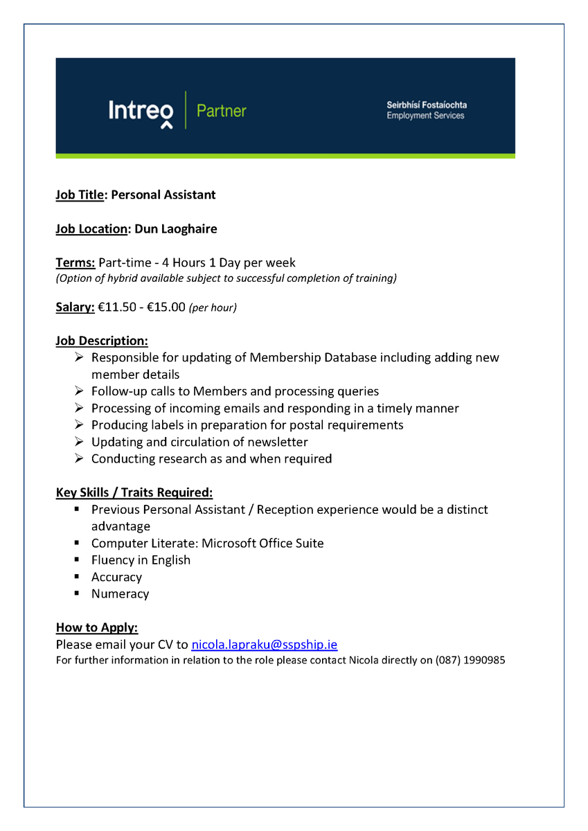 SSP_LES's tweet photo. 🌟 Personal Assistant Needed! 🌟
Please email your CV to nicola.lapraku@sspship.ie
For further information in relation to the role please contact Nicola directly on (087) 1990985 https://t.co/qxcoi67jI4