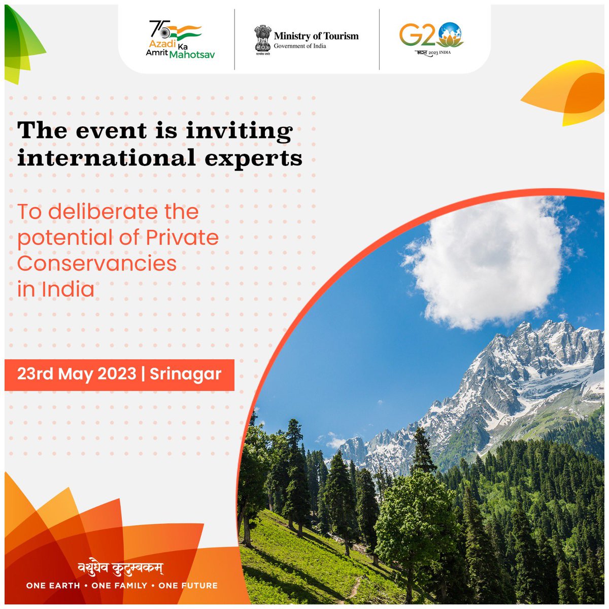 tourismgoi's tweet photo. Ministry of Tourism is organising the event on   '𝗘𝗰𝗼𝘁𝗼𝘂𝗿𝗶𝘀𝗺 𝗮𝘀 𝗮 𝘃𝗲𝗵𝗶𝗰𝗹𝗲 𝘁𝗼 𝗮𝗰𝗵𝗶𝗲𝘃𝗲 𝗦𝘂𝘀𝘁𝗮𝗶𝗻𝗮𝗯𝗹𝗲 𝗗𝗲𝘃𝗲𝗹𝗼𝗽𝗺𝗲𝗻𝘁 𝗚𝗼𝗮𝗹' on the sidelines of the 3️⃣rd G20 Tourism Working Group meeting to be held @ Srinagar from May 2️⃣2️⃣-2️⃣4️⃣, 2023 https://t.co/Xv43YD1qVJ