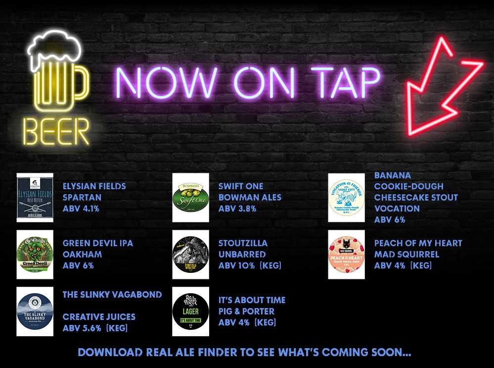 The Radius Arms (@radiusarmsmicro) on Twitter photo On the bar today!
Beer Board: bit.ly/2Ijmvfo
<a href="/SpartanBrewery/">Spartan Brewery</a> <a href="/bowmanales/">Bowman Ales</a> <a href="/vocationbrewery/">Vocation Brewery</a> <a href="/OakhamAles/">Oakham Ales</a> <a href="/UnBarredBrewery/">UnBarred Brewery</a> <a href="/madsquirrelbrew/">Mad Squirrel Brewery</a> <a href="/PigAndPorter/">Pig And Porter</a> #EastAndMidSurreyCamra
#RealAleFinder On the bar today!
Beer Board: bit.ly/2Ijmvfo
<a href="/SpartanBrewery/">Spartan Brewery</a> <a href="/bowmanales/">Bowman Ales</a> <a href="/vocationbrewery/">Vocation Brewery</a> <a href="/OakhamAles/">Oakham Ales</a> <a href="/UnBarredBrewery/">UnBarred Brewery</a> <a href="/madsquirrelbrew/">Mad Squirrel Brewery</a> <a href="/PigAndPorter/">Pig And Porter</a> #EastAndMidSurreyCamra
#RealAleFinder