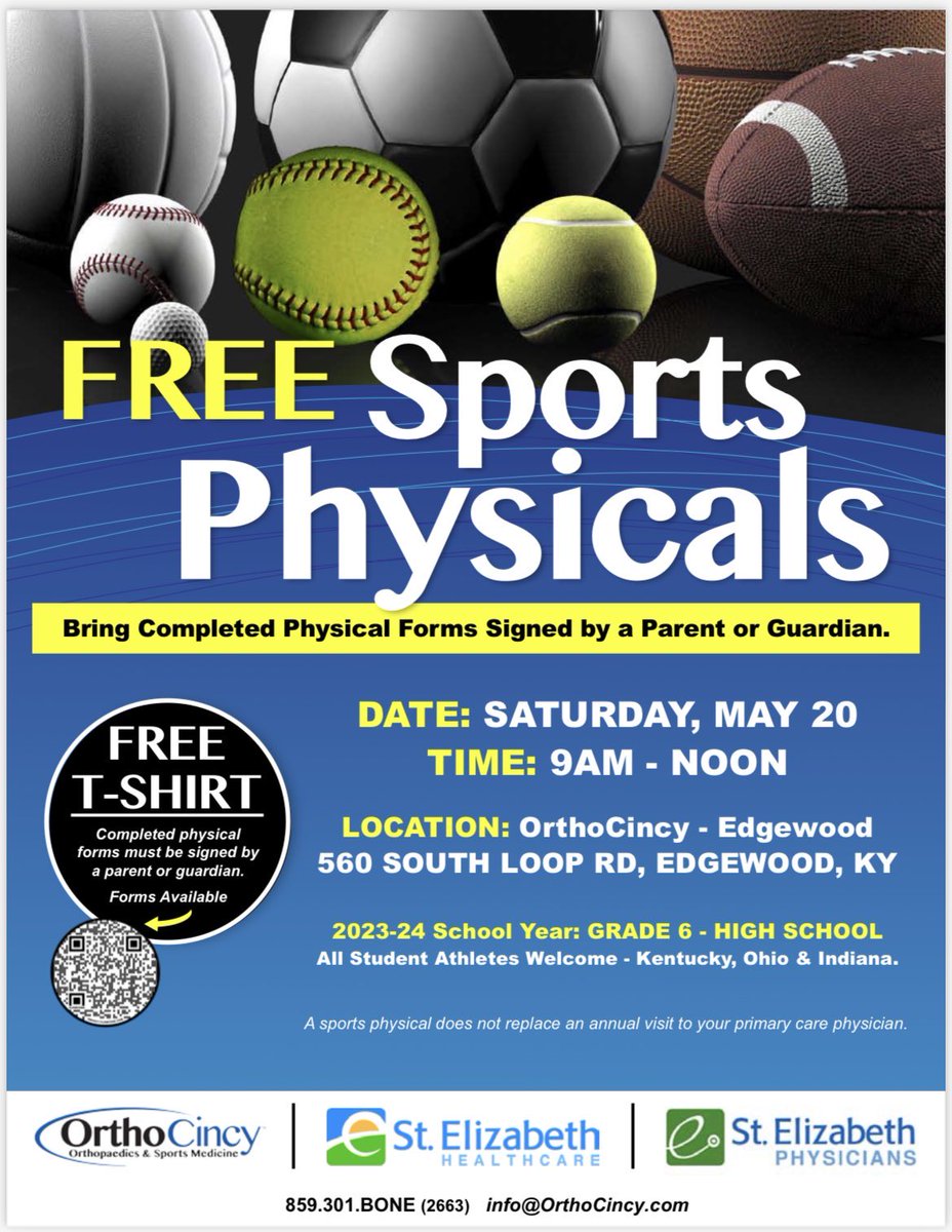 ATTN ALL ATHLETES!!! Save the date for a FREE Sports Physical sponsored by St. Elizabeth and OrthoCincy! THIS Saturday May 20th from 9am-12pm! Make sure you have the updated form located here: khsaa.org/forms/ge04-tot… @ladychssoccer21 @ConnerHigh @ConnerCSection2